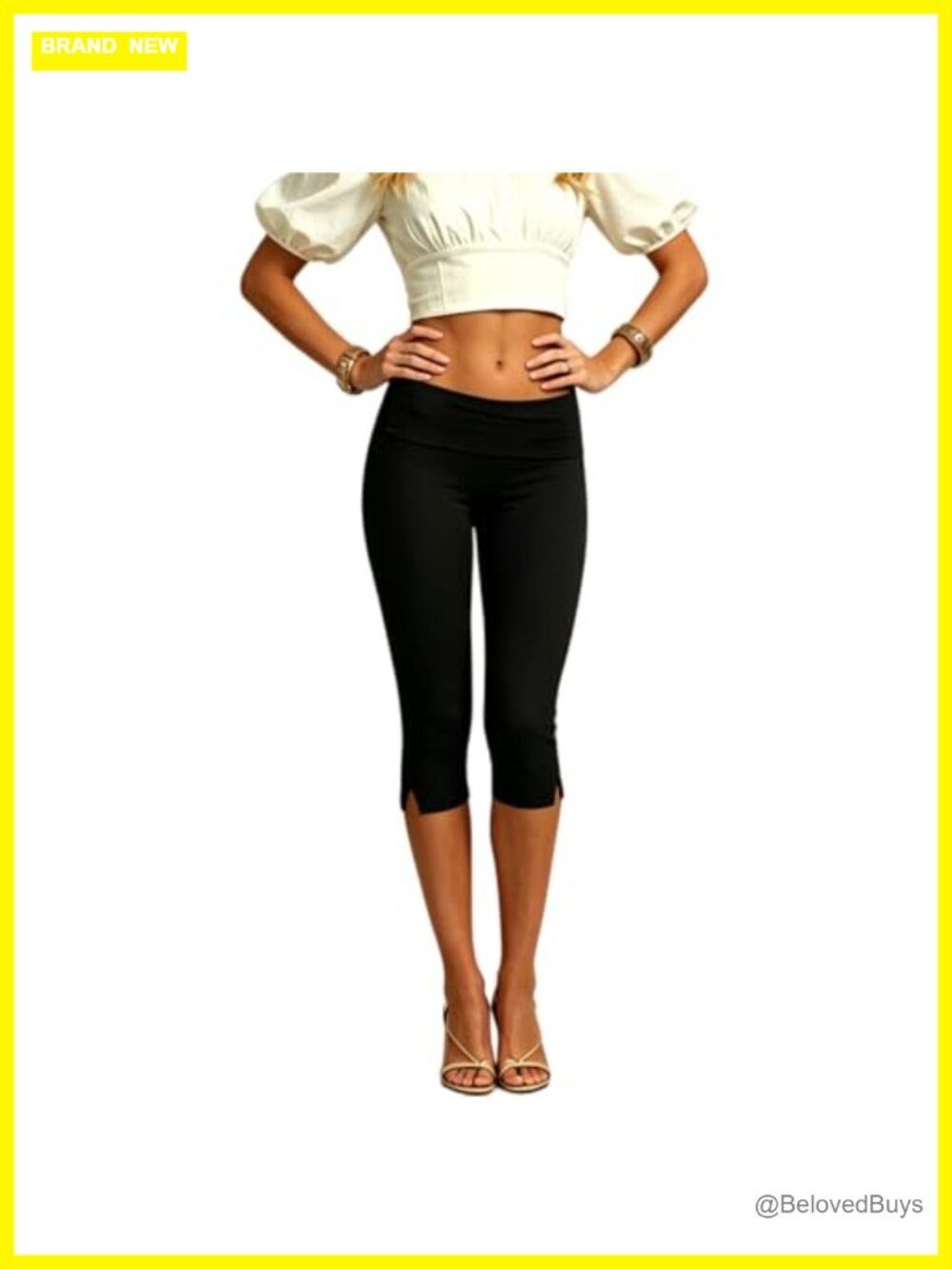 Women's Low Rise Fold Over Capri Pants Split Hem Yoga Leggings